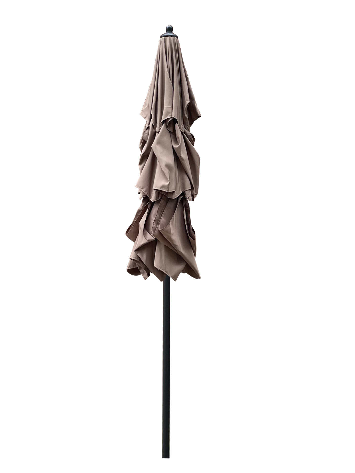 Red 9 ft outdoor patio umbrella with tilt and crank, metal frame, shown in a garden setting with mushroom, tan, and chocolate colors.
