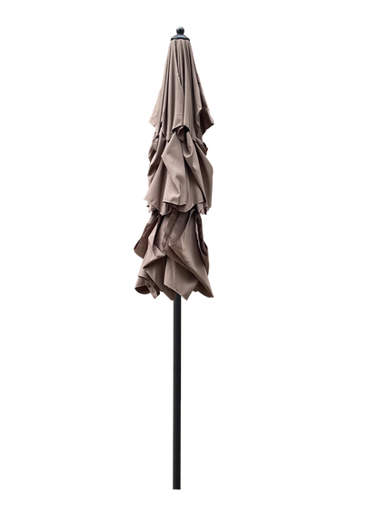Red 9 ft outdoor patio umbrella with tilt and crank, metal frame, shown in a garden setting with mushroom, tan, and chocolate colors.