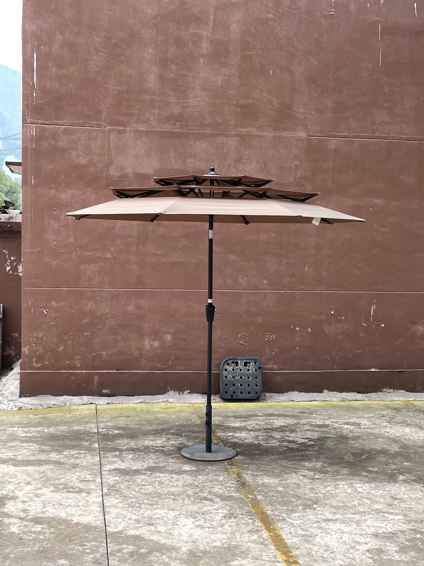 9 ft metal outdoor patio umbrella by Start2Finish in red, mushroom, tan, and chocolate with tilt and crank for patio or poolside use