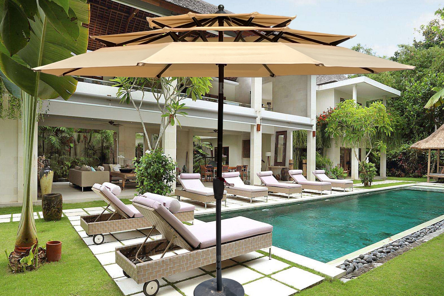 Start2Finish 9 ft red metal outdoor patio umbrella with tilt and crank, ideal for deck, poolside, or patio seating areas.