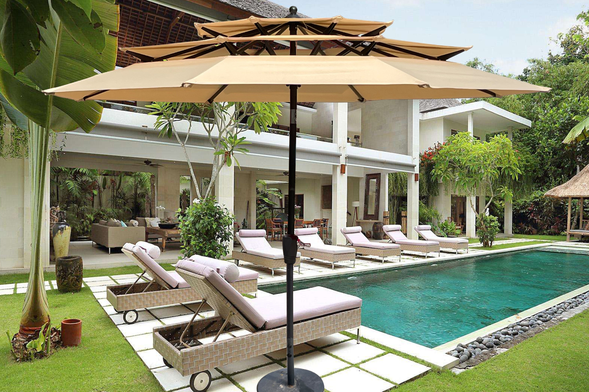 Start2Finish 9 ft red metal outdoor patio umbrella with tilt and crank, ideal for deck, poolside, or patio seating areas.