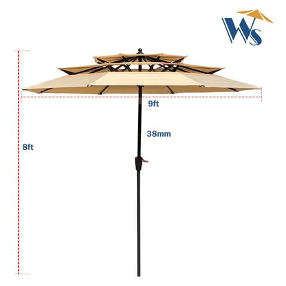 9 ft red metal outdoor patio umbrella with tilt and crank, ideal for patio, deck, or poolside use