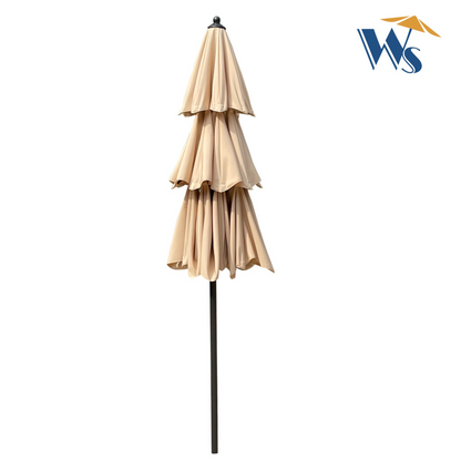 Red 9 ft outdoor patio umbrella with metal frame, tilt and crank, ideal for deck, patio, or poolside relaxation