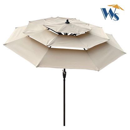 Start2Finish 9 ft metal patio umbrella in red, mushroom, tan, or chocolate with tilt and crank for outdoor decks and poolside.