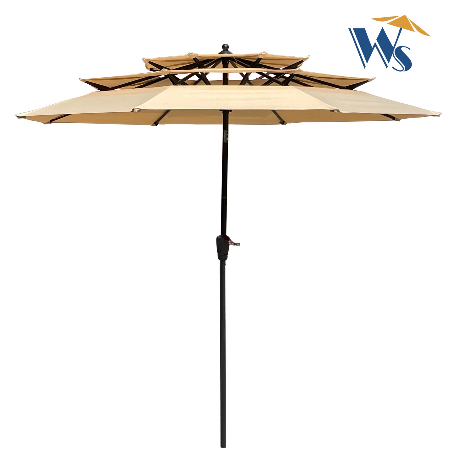 Start2Finish 9 ft metal outdoor patio umbrella in red, mushroom, tan, or chocolate with tilt and crank for deck or poolside shade.