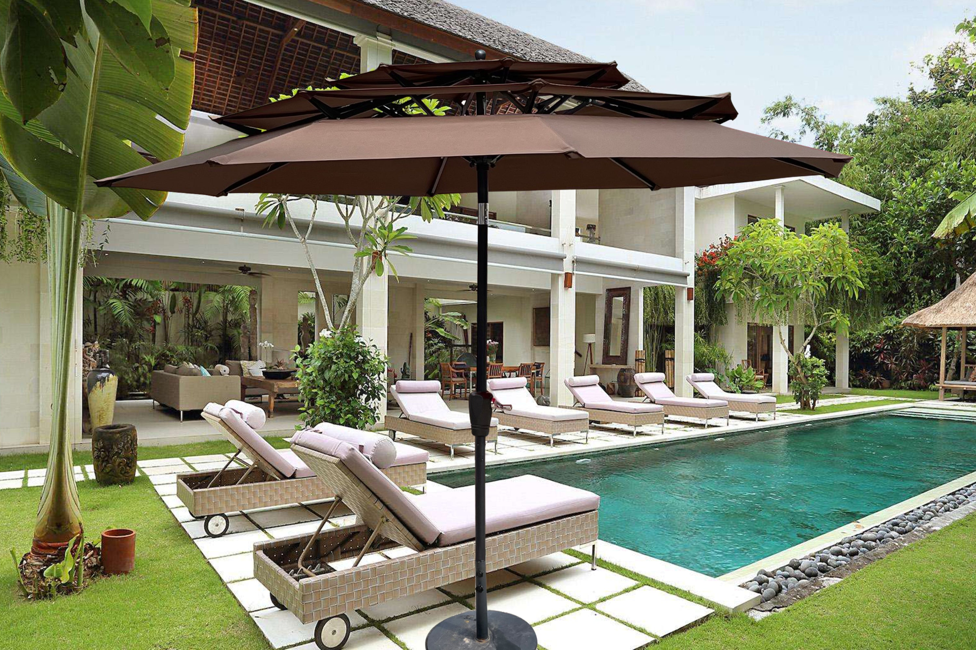 Start2Finish 9 ft metal outdoor patio umbrella in red, mushroom, tan, or chocolate with tilt and crank for patio, deck, or poolside.