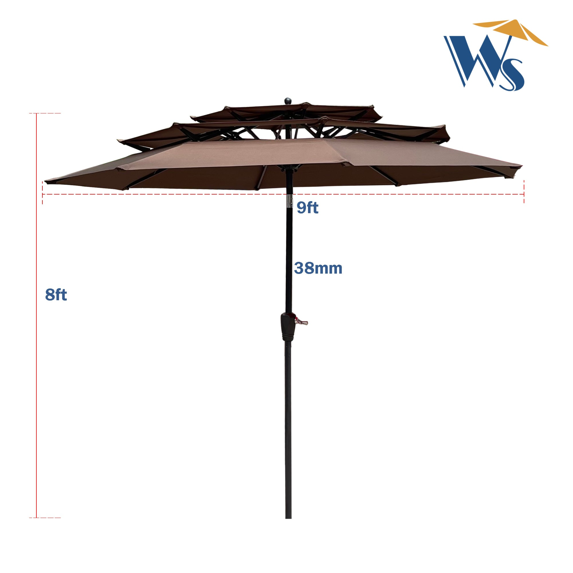 Start2Finish 9 ft metal outdoor patio umbrella in red, tan, mushroom, or chocolate with tilt and crank for patio, deck, or poolside.
