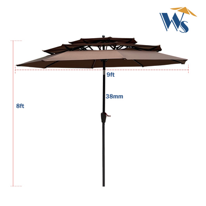 Start2Finish 9 ft metal outdoor patio umbrella in red, tan, mushroom, or chocolate with tilt and crank for patio, deck, or poolside.