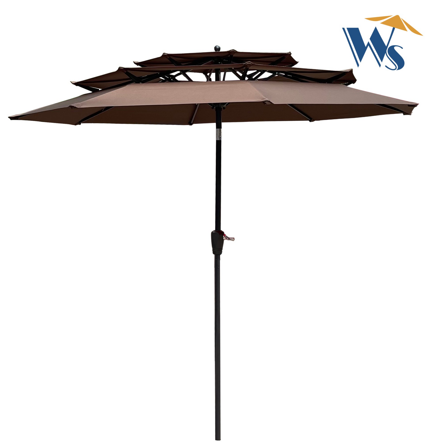 Red 9 ft outdoor patio umbrella by Start2Finish with tilt and crank, ideal for decks, pools, and outdoor seating areas.