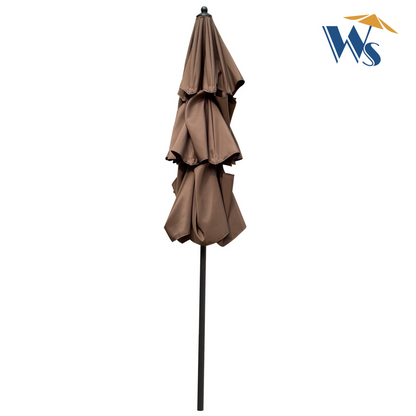 Red 9 ft metal outdoor patio umbrella with tilt and crank, ideal for deck, poolside, or garden seating areas.