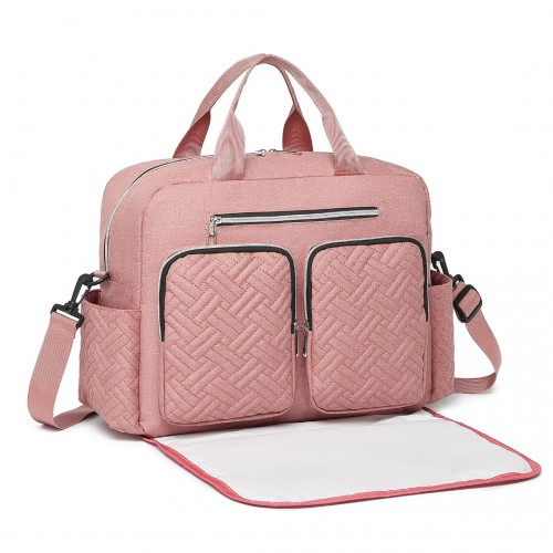 Pink Start2Finish EQ2411 Kono diaper changing tote bag with built-in changing mat, waterproof design, and thermal insulation.
