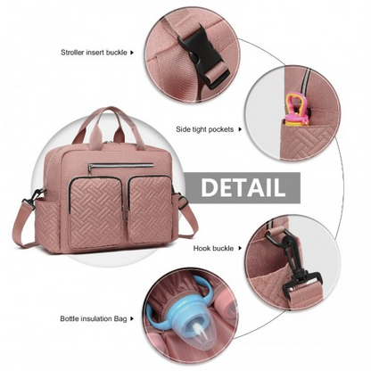 Start2Finish EQ2411 Kono baby diaper changing tote bag with built-in changing mat, waterproof design, and thermal insulation in pink.