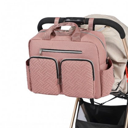 Start2Finish EQ2411 Kono baby diaper tote bag in pink with built-in changing mat, waterproof design, thermal insulation, versatile and stylish.