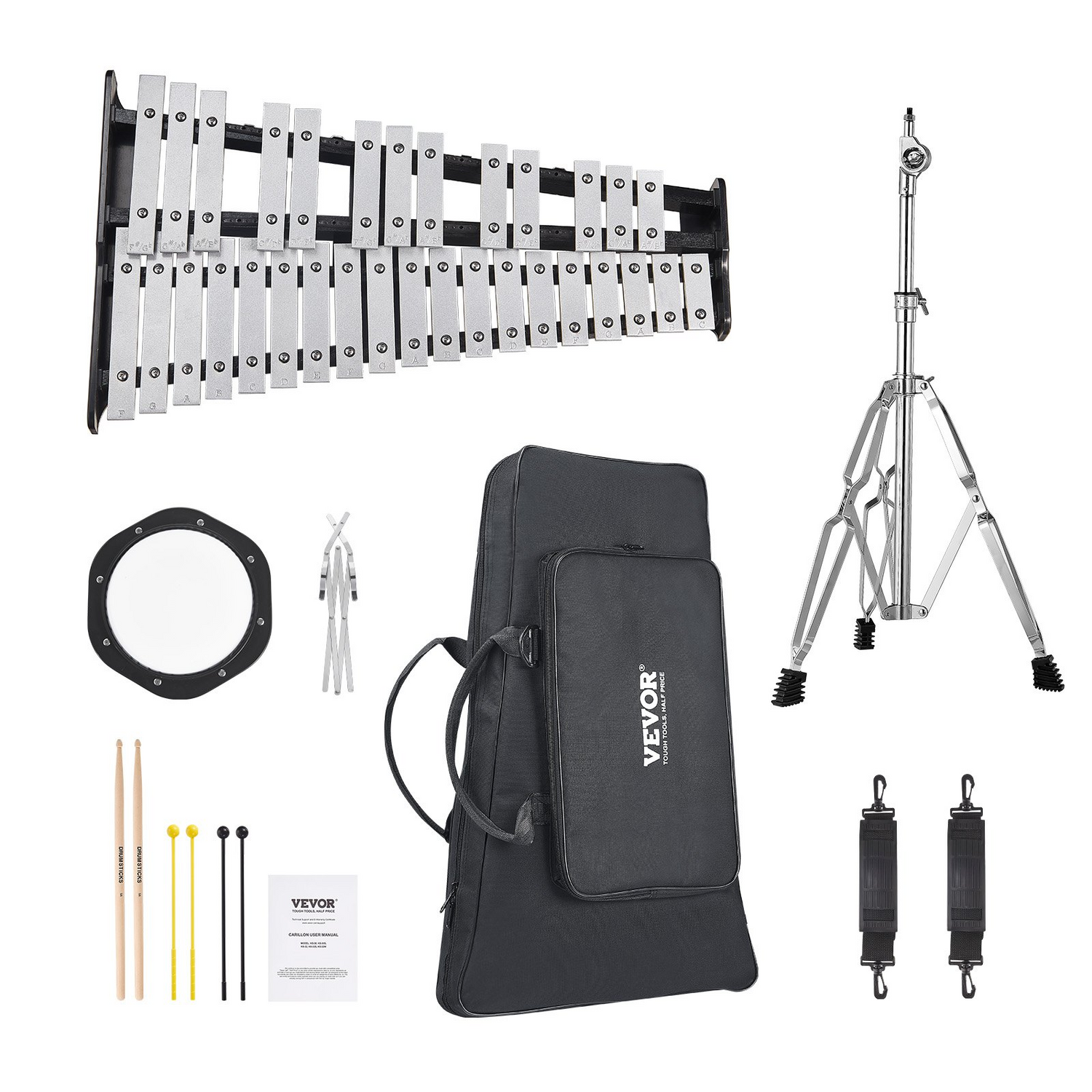 Start2Finish VEVOR 32 Note Glockenspiel Xylophone kit with mallets, stand, practice pad, carry bag, and music stand for students and adults.