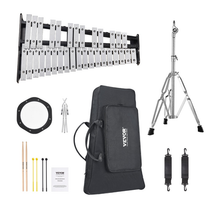 Start2Finish VEVOR 32 Note Glockenspiel Xylophone kit with mallets, stand, practice pad, carry bag, and music stand for students and adults.