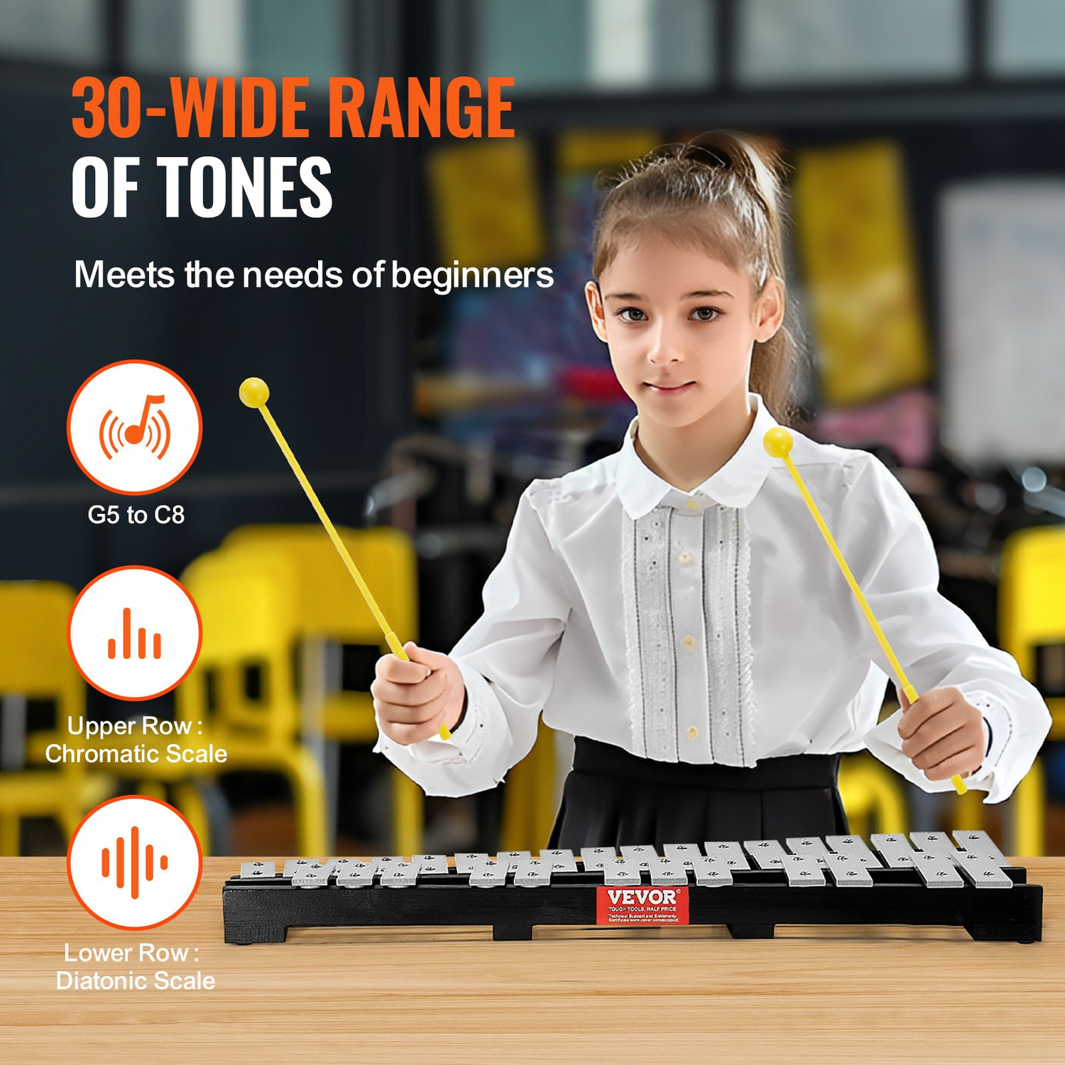 Start2Finish VEVOR 30 Note Glockenspiel Xylophone with mallets, drum sticks, and carrying bag for students and adults.