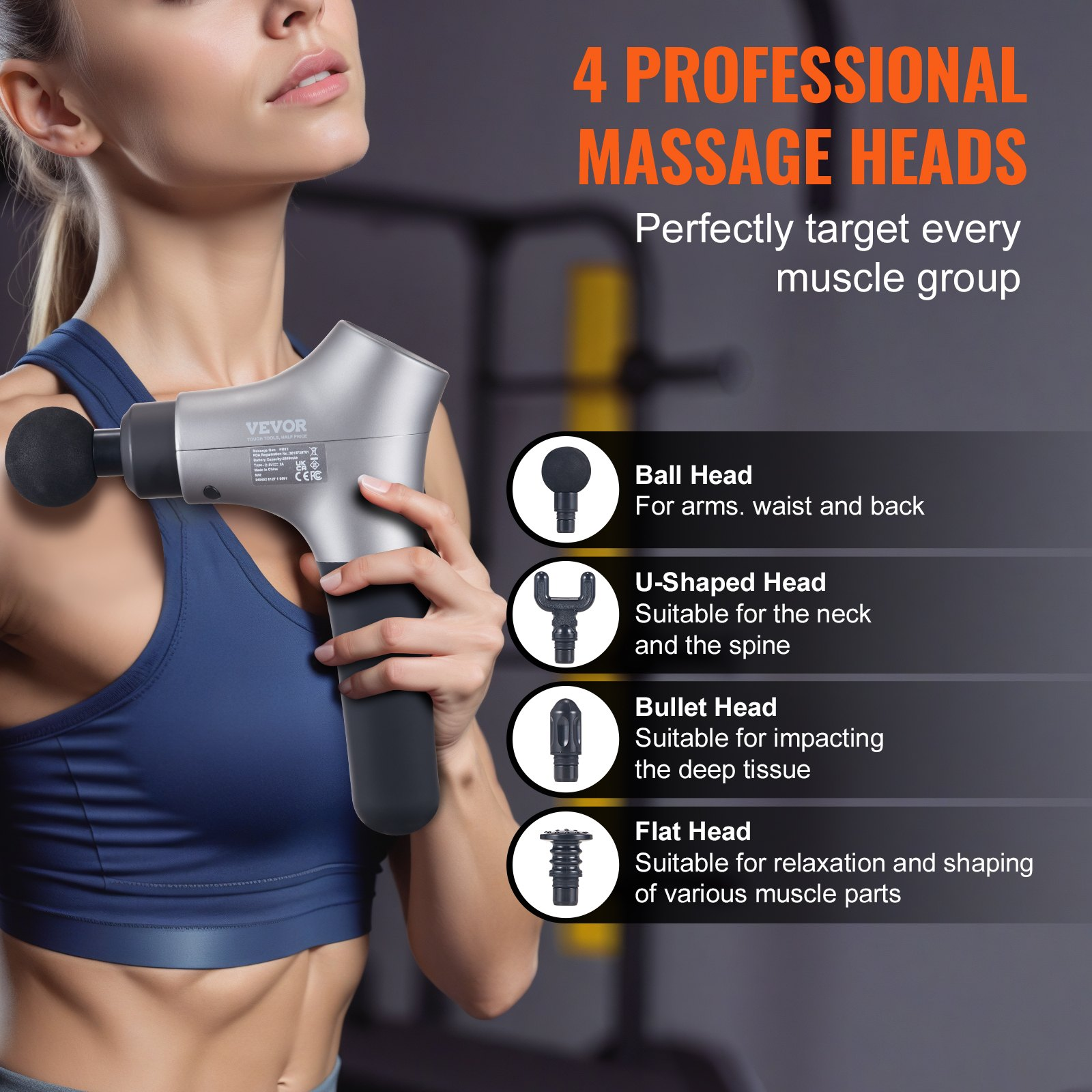 Start2Finish VEVOR massage gun with 4 massage heads, 6 speed levels, handheld deep tissue percussion for muscle pain relief.