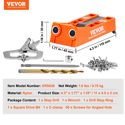 Start2Finish VEVOR Pocket Hole Jig kit with 56 pieces, mini jig, C-clamp, step drill, wrench, square drive bit, and screws for carpentry