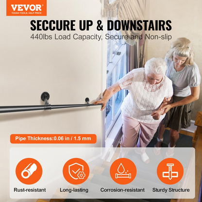 Start2Finish VEVOR 10FT industrial pipe stair handrail with wall mounts, carbon steel, round corners, suitable for indoor and outdoor use