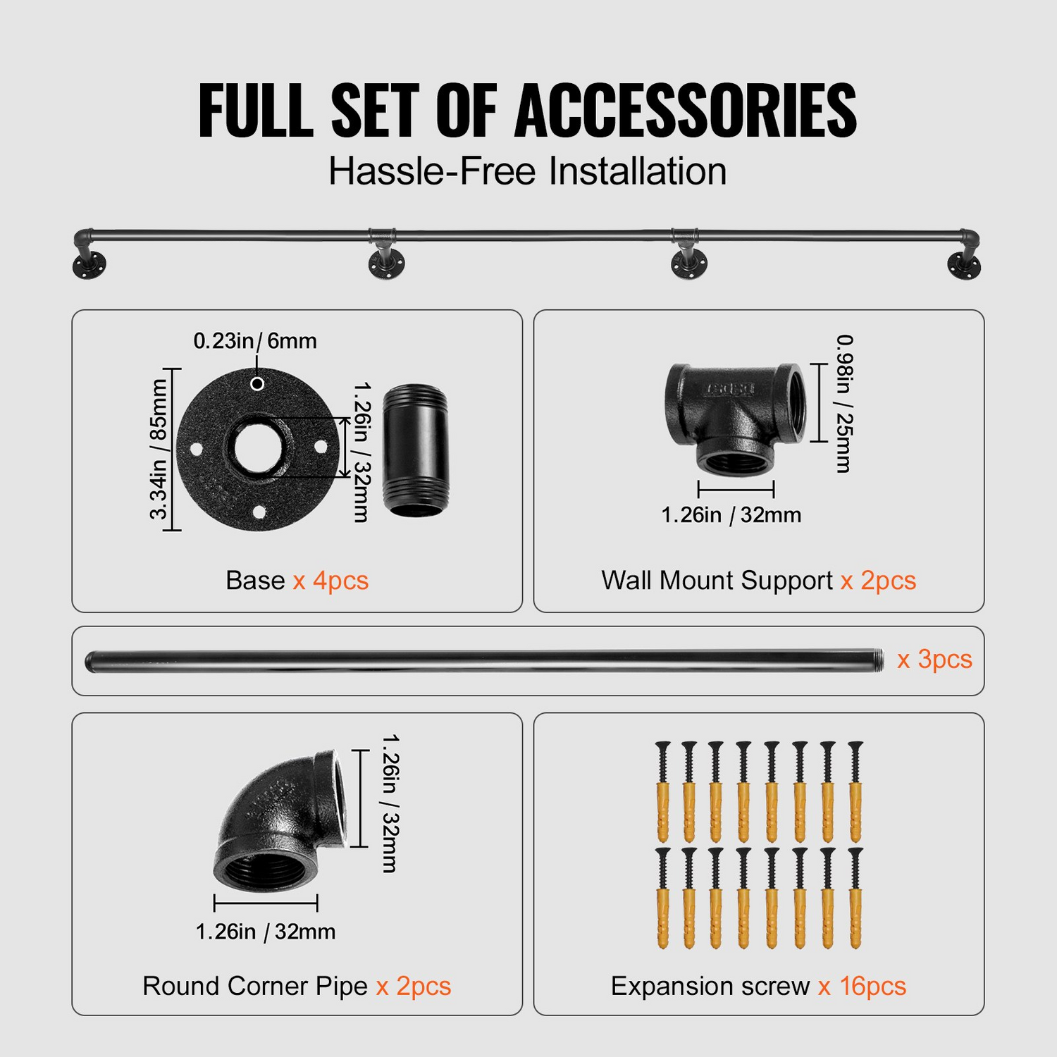 Start2Finish VEVOR 10FT industrial pipe stair handrail with wall mounts, round corners, carbon steel, indoor and outdoor use