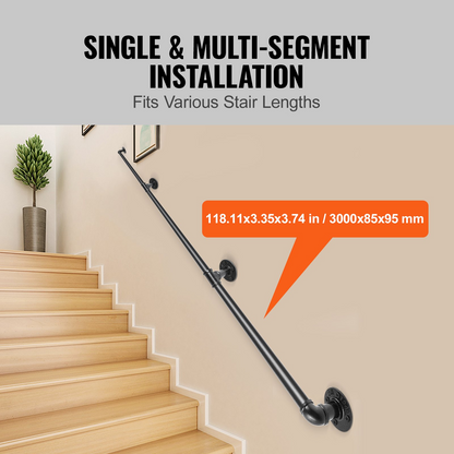 Start2Finish VEVOR 10FT industrial pipe staircase handrail with wall mounts, round corners, carbon steel finish, suitable for indoor outdoor use