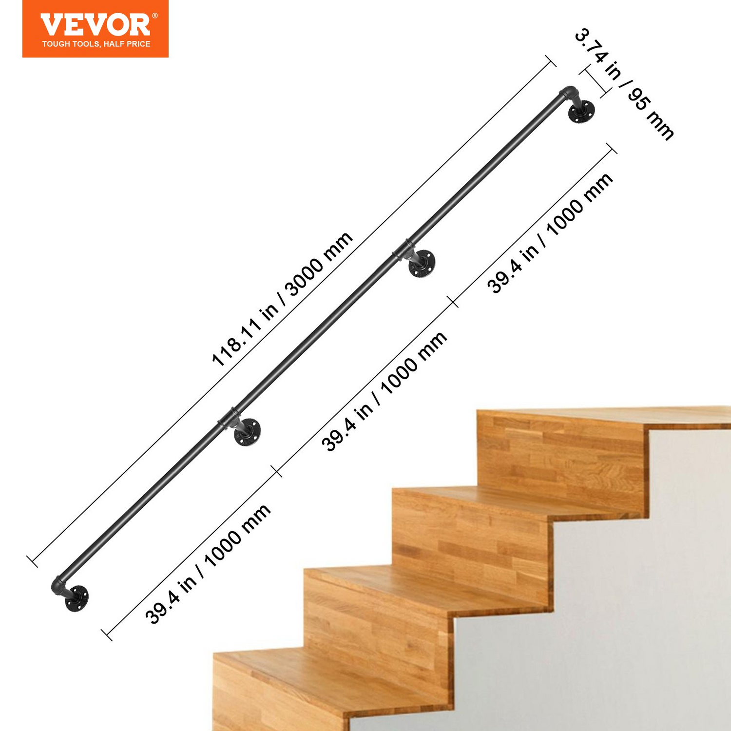 Start2Finish VEVOR 10ft steel pipe staircase handrail with wall mounts, round corners, indoor and outdoor industrial handrail.
