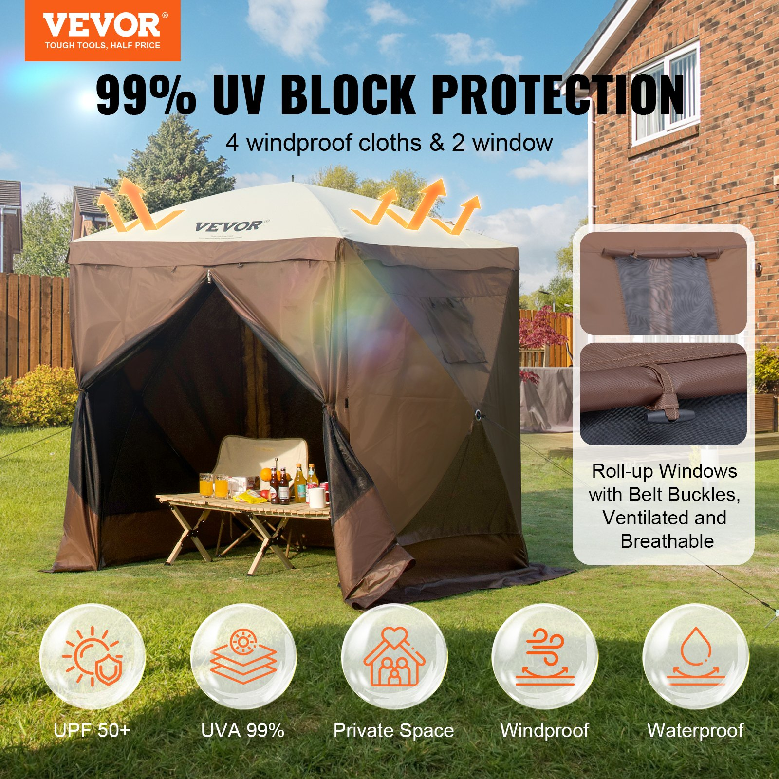 Start2Finish VEVOR 6x6ft pop-up gazebo tent with brown canopy, mesh windows, removable privacy wind cloths, and mosquito netting.