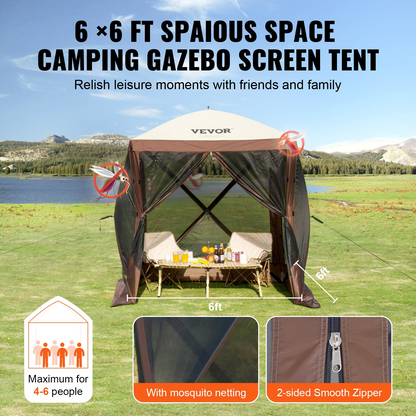 Start2Finish VEVOR 6x6ft outdoor pop-up gazebo tent with mesh windows, removable windcloths, mosquito netting, and brown canopy.