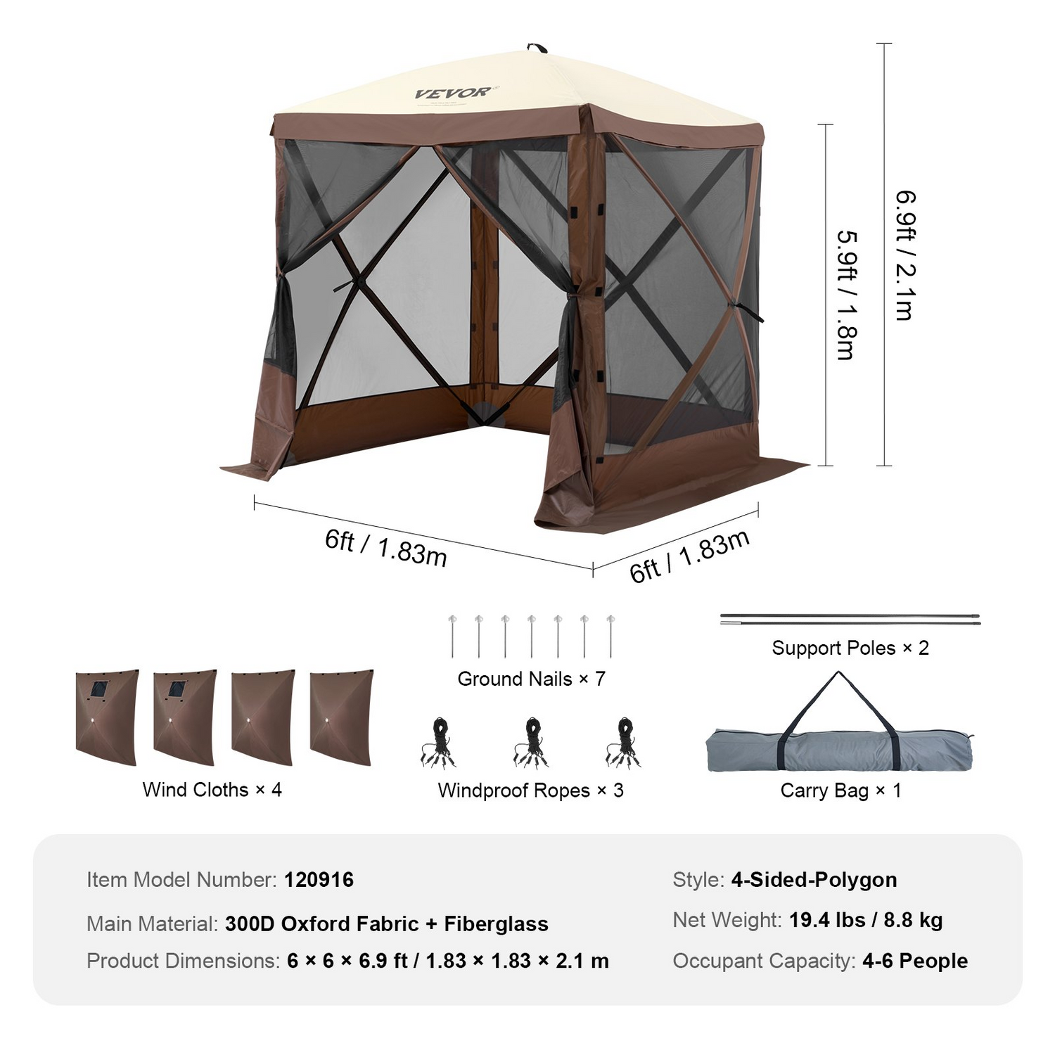 Start2Finish VEVOR 6x6ft pop-up gazebo tent with brown 4-sided canopy, mesh windows, removable privacy wind cloths, mosquito netting.