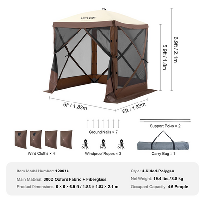 Start2Finish VEVOR 6x6ft pop-up gazebo tent with brown 4-sided canopy, mesh windows, removable privacy wind cloths, mosquito netting.