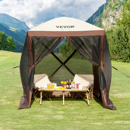 Start2Finish VEVOR 6x6ft outdoor pop-up gazebo tent with mesh windows, removable privacy wind cloths, and mosquito netting in brown.
