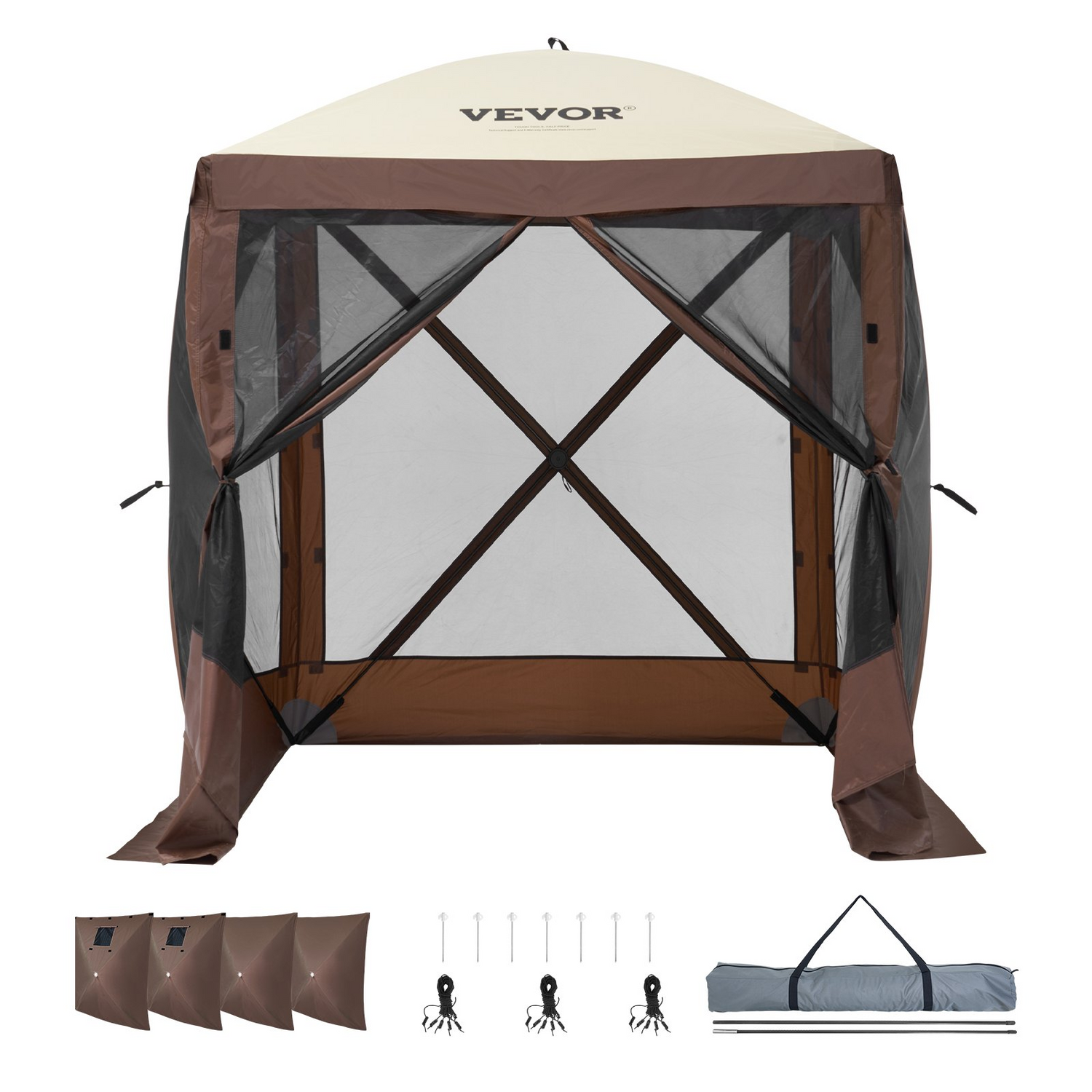 Start2Finish VEVOR 6x6ft pop-up gazebo tent with mesh windows, removable privacy wind cloths, and mosquito netting for outdoor shade.