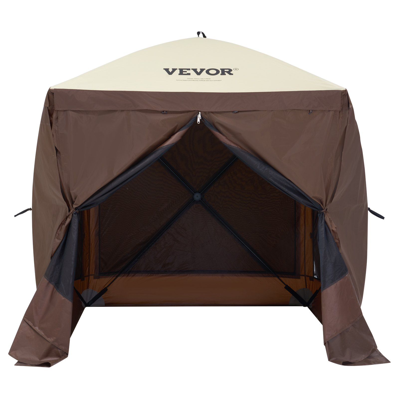 Start2Finish VEVOR 6x6ft pop-up outdoor gazebo tent with mesh windows, removable privacy wind cloths, and mosquito netting in brown.