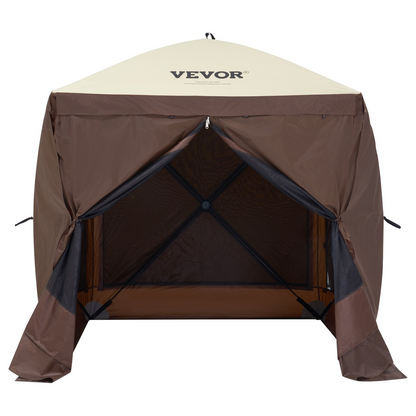 Start2Finish VEVOR 6x6ft pop-up outdoor gazebo tent with mesh windows, removable privacy wind cloths, and mosquito netting in brown.