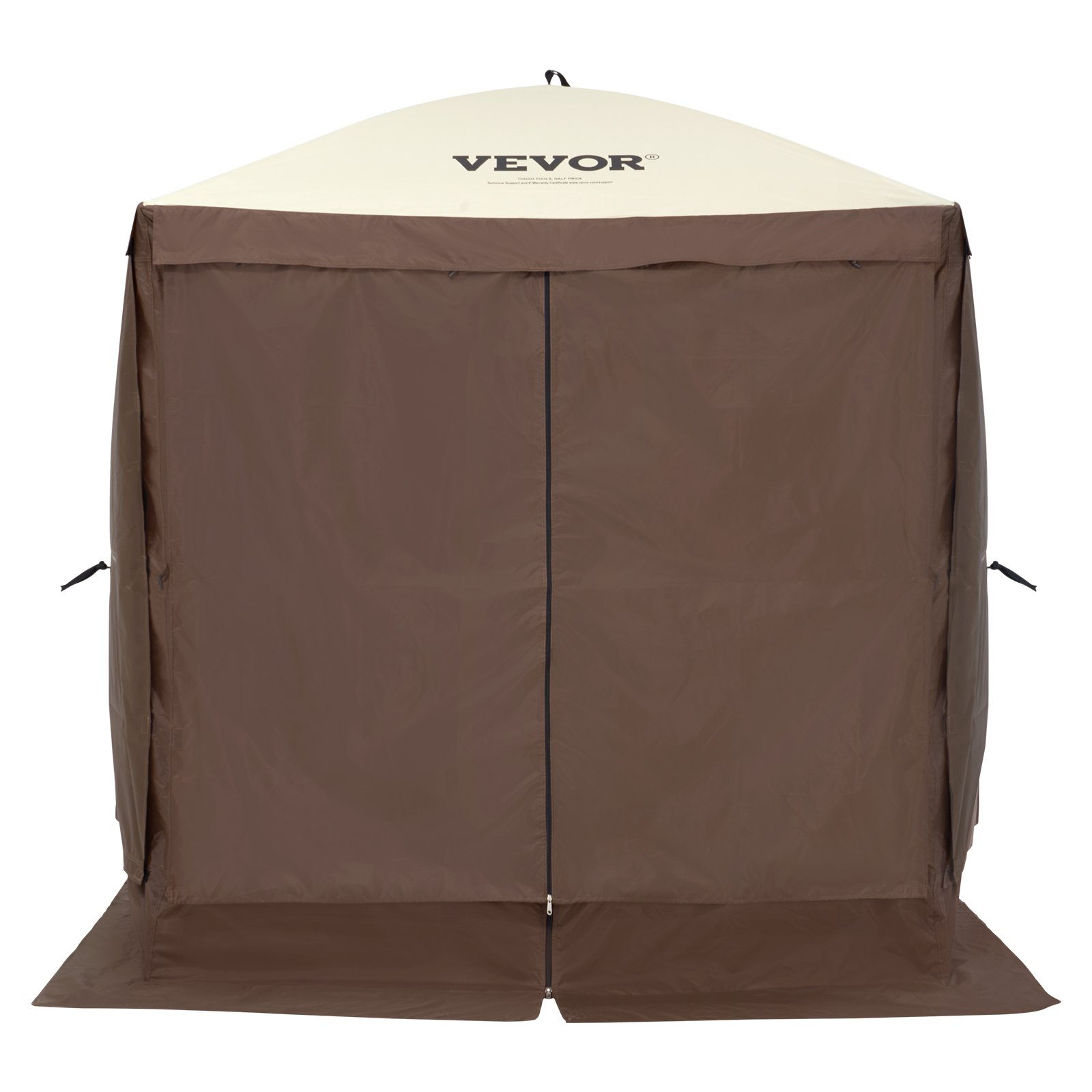 Start2Finish VEVOR 6x6FT pop-up gazebo tent with mesh windows, removable privacy wind cloths, sun shelter, and mosquito netting, brown.