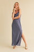Jade Icarus Aemi + Co maxi cami dress with ruched sides, side slit, and cutout back, styled for a fashionable look.