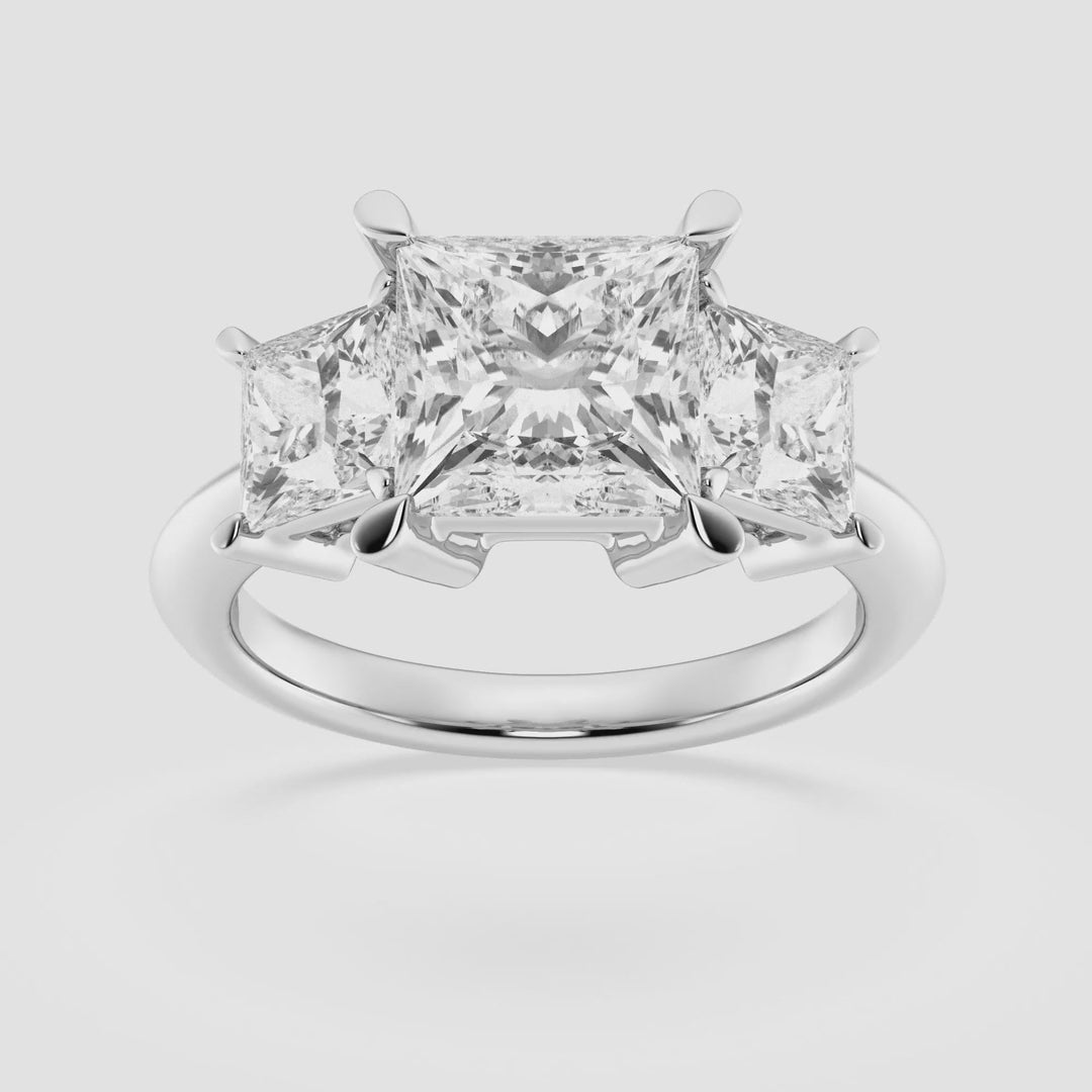 Start2Finish 4.00 CTW princess cut lab-grown diamond three-stone ring in 14K white gold, featuring F/VS clarity and brilliance.