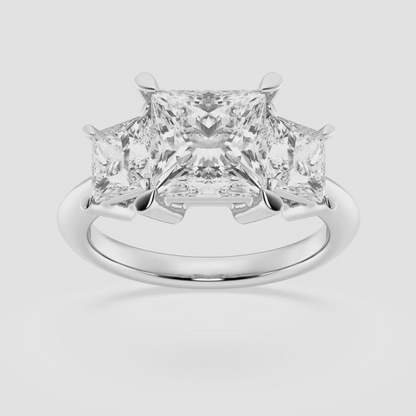 Start2Finish 4.00 CTW princess cut lab-grown diamond three-stone ring in 14K white gold, featuring F/VS clarity and brilliance.