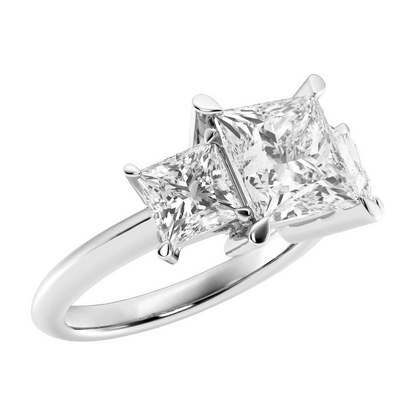 AGI Certified 4.00 CTW princess cut lab-grown diamond three-stone ring in 14K white gold with F/VS clarity and color.