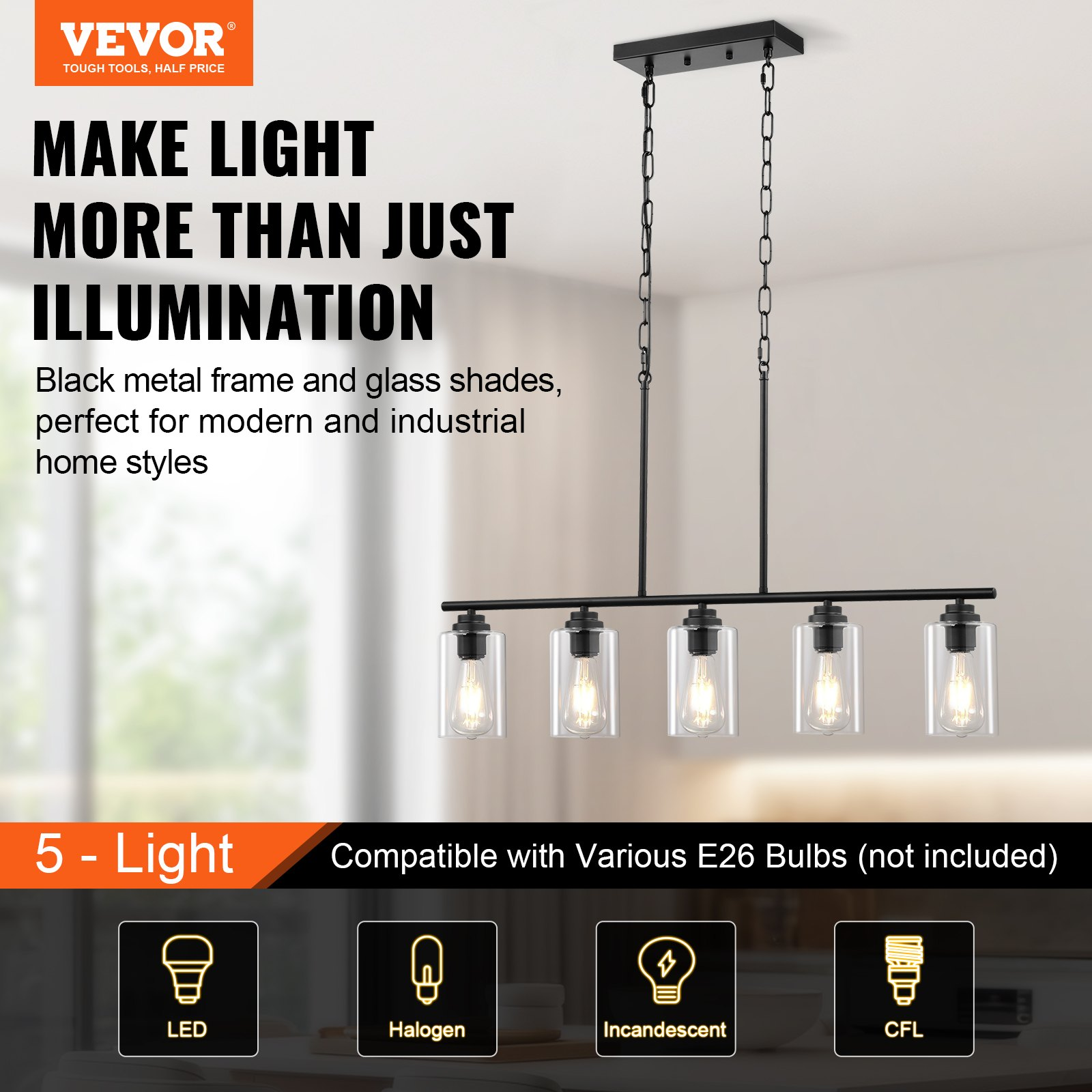 Start2Finish VEVOR 5-light kitchen island pendant fixture with clear glass shades, metal frame, adjustable rods, ideal for farmhouse dining rooms.