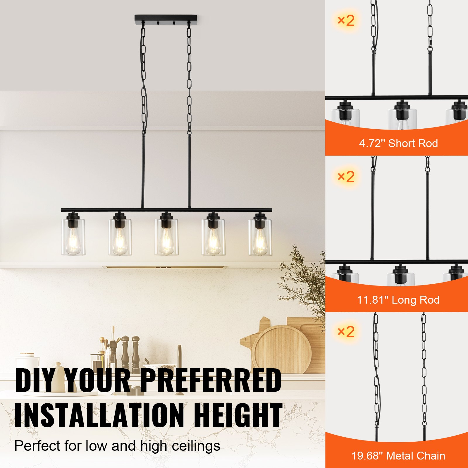 Start2Finish VEVOR 5-light kitchen island pendant chandelier with clear glass shades, metal frame, adjustable rods, and chains.