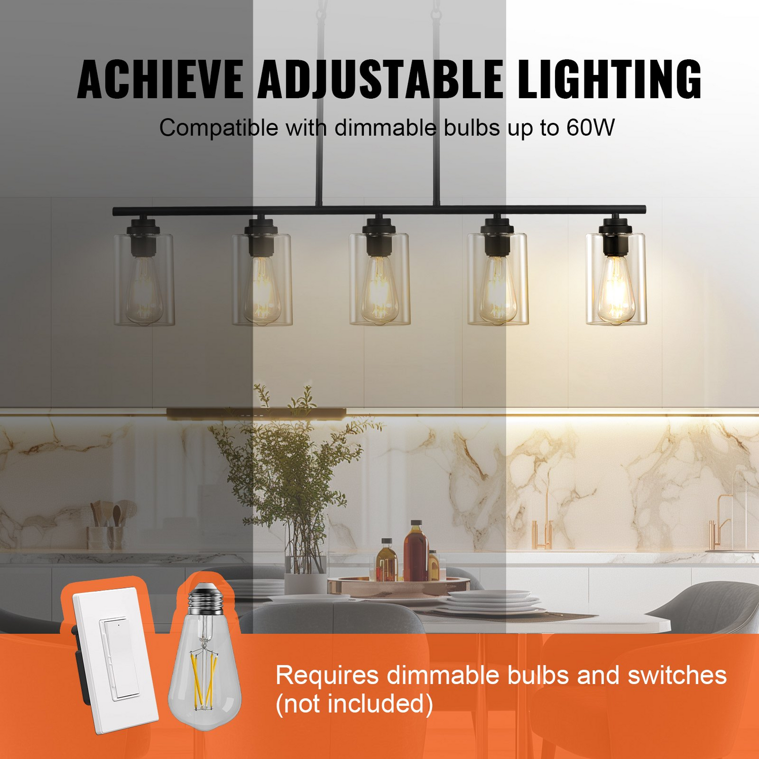 Start2Finish VEVOR 5-light farmhouse kitchen pendant fixtures with clear glass shades, adjustable rods, metal chains, and metal frame.