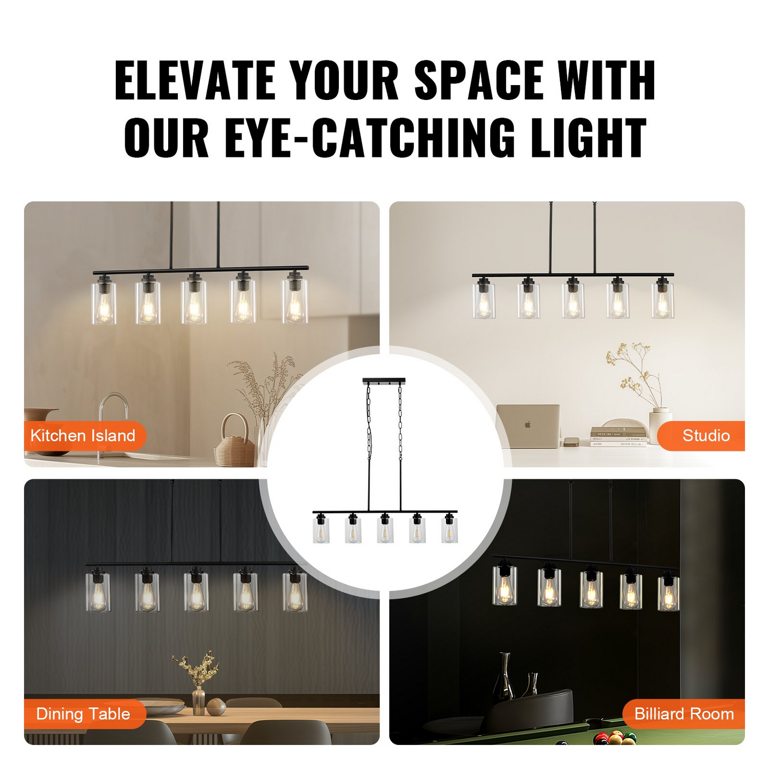Start2Finish VEVOR 5-light kitchen pendant chandelier with clear glass shades, adjustable rods, metal frame, ideal for dining rooms