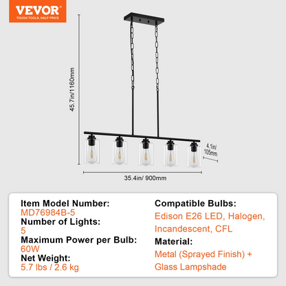 Start2Finish VEVOR 5-light kitchen island pendant lights with clear glass shades, metal frame, adjustable rods, and chains for farmhouse decor.