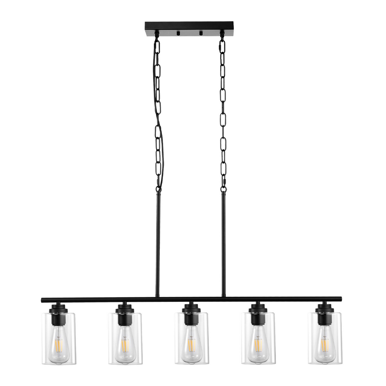 Vevor 5-light kitchen island pendant lights with clear glass shades, metal frame, adjustable rods, ideal for farmhouse dining room decor.