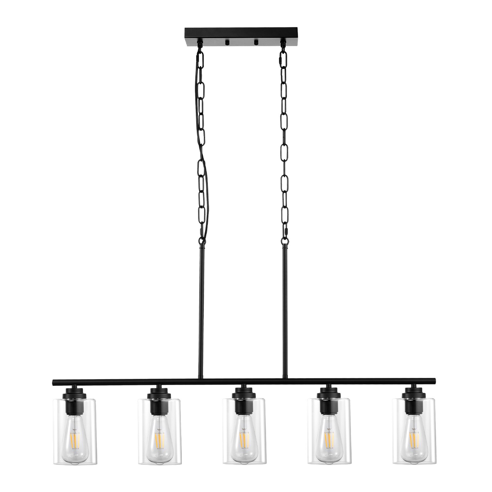 Vevor 5-light kitchen island pendant lights with clear glass shades, metal frame, adjustable rods, ideal for farmhouse dining room decor.