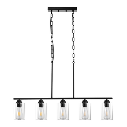 Vevor 5-light kitchen island pendant lights with clear glass shades, metal frame, adjustable rods, ideal for farmhouse dining room decor.