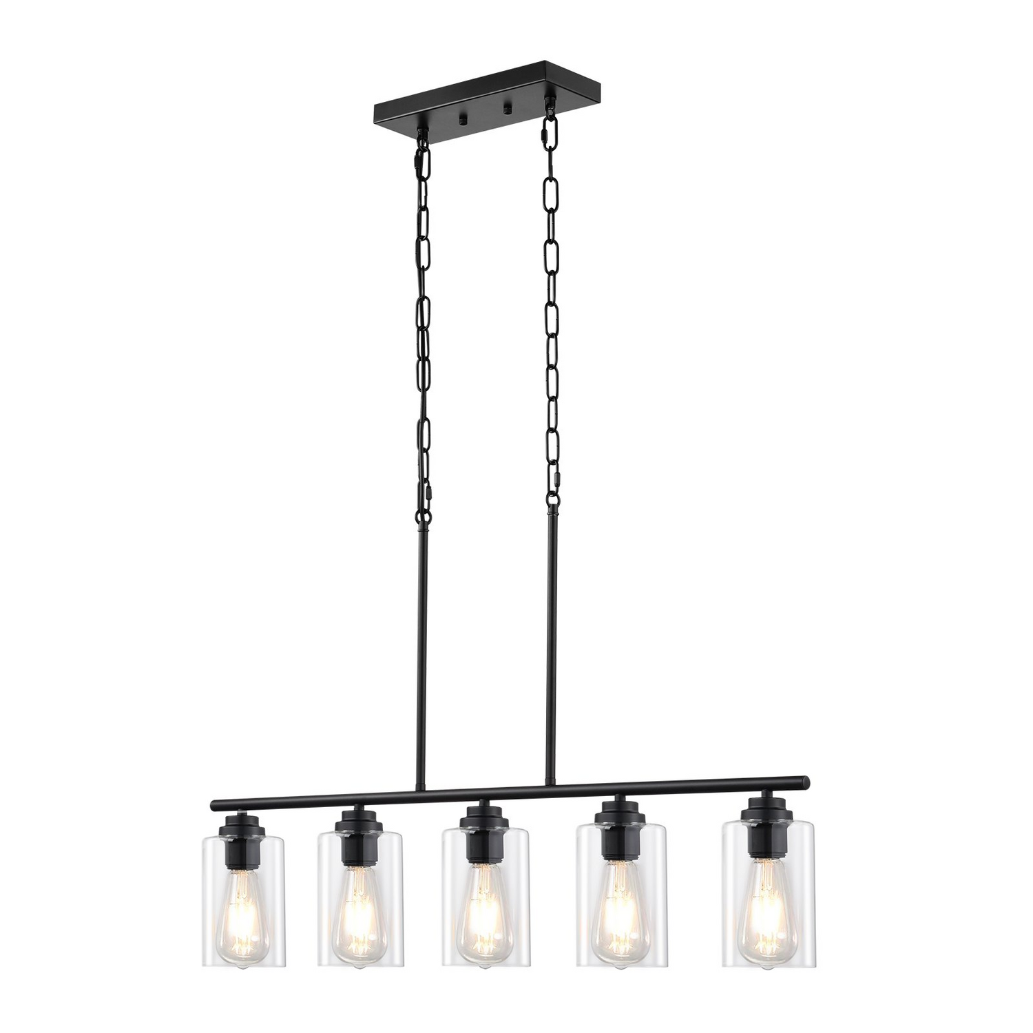 Start2Finish VEVOR 5-light kitchen island pendant lights with clear glass shades, metal frame, and adjustable rods for farmhouse decor.