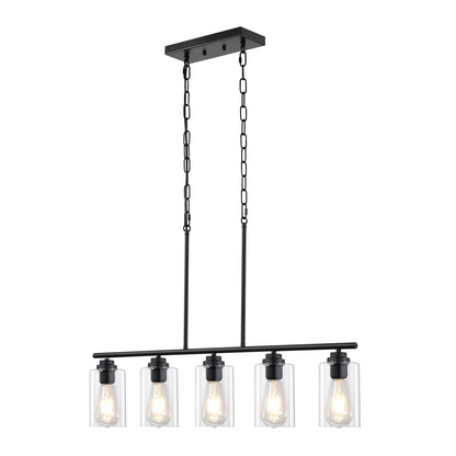 Start2Finish VEVOR 5-light kitchen island pendant lights with clear glass shades, metal frame, and adjustable rods for farmhouse decor.