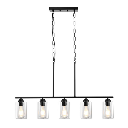 Vevor 5-light kitchen island pendant lights with clear glass shades, metal frame, adjustable rods, and chains for farmhouse dining rooms.
